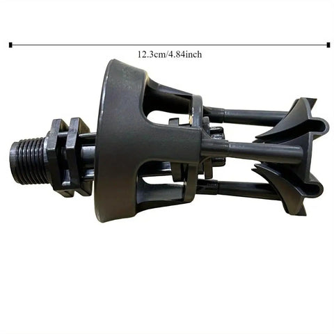 Close-up of 360 Degree Big Drip Irrigation Sprinkler Head for Lawn and Garden with half inch connection, black plastic material.
