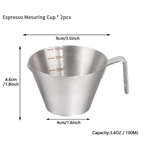 Two Pack 3.4 Oz Stainless Steel Espresso Dosing Cups With Handle V Shaped Spout And Built In Scale Barista Grade Gear