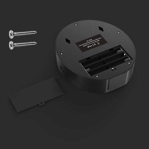 Back view of Digital Decibel Meter With DIY Voice Warning, Remote Control, Wall Mount showing battery compartment and screws