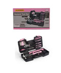 Pink 39-Piece General Home Tool Set with Portable Toolbox Case showing tools like tape measure, claw hammer, pliers inside case.