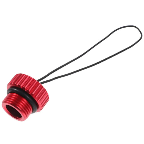 Red scuba tank valve dust cap with strap, part of 5 Pack Scuba Tank Valve Dust Cap Protectors And Lightweight Valve Cover Caps For Diving.