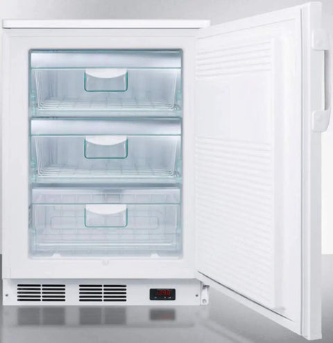 Built Tough Commercial Upright Freezer With Digital Thermostat And Integrated Lock For Tight Secure Storage Solid White Finish with three drawers.