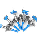 Badass Hex Shank Forstner Drill Bit Set With Carbide Tips And Adjustable Depth Ring, five drill bits with blue tips.