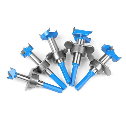Badass Hex Shank Forstner Drill Bit Set With Carbide Tips And Adjustable Depth Ring, five drill bits with blue tips.