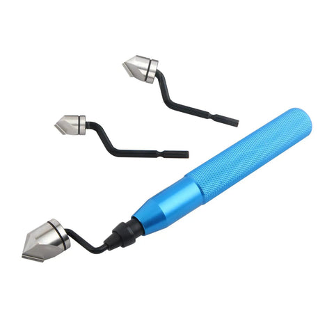 Four Piece Deburring Tool Set For Five Sixteenth Inch Three Eighth Inch And Five Eighth Inch AC Copper Lines Manual Rotary Chamfer Tool With 360 Degree Cutting Heads For Smooth Edges On Copper Steel Aluminum And Plastic showing blue handle and three cutter heads