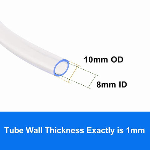 Clear PVC vinyl tubing showing 8mm ID x 10mm OD with 1mm wall thickness
