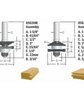 Two Piece Carbide Tipped Ogee Stile And Rail Router Bit Set for smooth cuts with micrograin tips, dimensions and paneling shown.