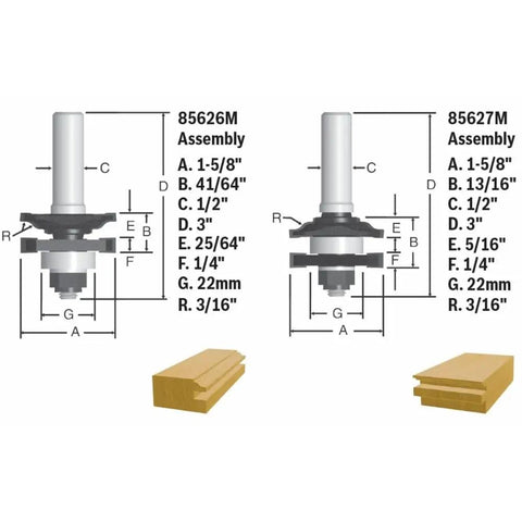 Two Piece Carbide Tipped Ogee Stile And Rail Router Bit Set for smooth cuts with micrograin tips, dimensions and paneling shown.