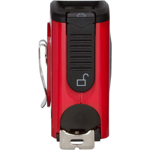 Side view of red Digital Tape Measure Three Quarter Inch By Sixteen Foot Pro Grade Build Weatherproof Polycarbonate Housing