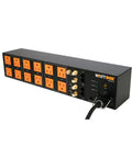 Premium 12 Outlet Power Conditioner With Automated Voltage Sequencing And Next Level Surge Blocking For Serious Home Theater Gear Featuring Coax And Ethernet Network Filtering side view showing 12 orange outlets and connections.