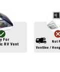 Diagram showing compatible RV vents with green check for Fan-tastic and red X for Ventline, Heng's, Maxxair.