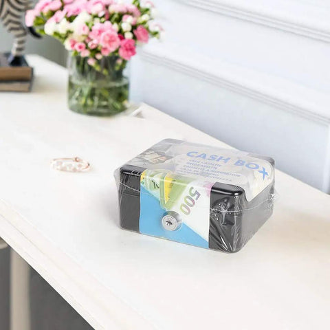 Compact Locking Cash Box For Coins And Meds With A Secure Keyed Lock, Tiny Yet Sturdy Steel Money Box on table, Black