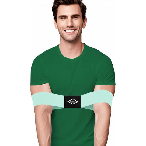 Man wearing green shirt using Golf Swing Training Arm Band For Beginners For Men And Boys Swing Alignment Tool For Right Or Left Handed Golfers.