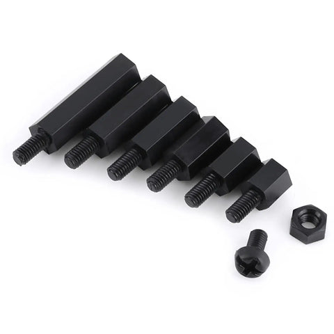 Beast Mode Nylon Hex Standoff Kit With M2 And M3 PCB Mounting Posts male and female standoffs and hex nuts in black, assorted sizes.