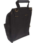 Side view of a Zippered 21 Pocket Electrician's Tool Pouch for Pros with Pro Grade Build, Black Durable Tool Bag, ergonomic rubber handle.