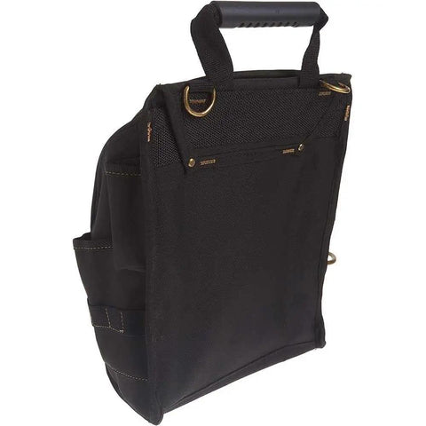 Side view of a Zippered 21 Pocket Electrician's Tool Pouch for Pros with Pro Grade Build, Black Durable Tool Bag, ergonomic rubber handle.