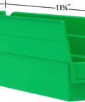 Green plastic bin with dimensions 11-5/8" x 2-3/4" x 4" for storage, similar size to Built Tough Plastic Shelf Bins For Garage Storage And Drawer Organization 12 Inch By 3 Inch By 4 Inch Blue 24 Pack Versatile Bins That Fit Shelves Cabinets And Racks.