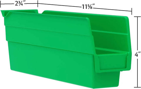 Green plastic bin with dimensions 11-5/8" x 2-3/4" x 4" for storage, similar size to Built Tough Plastic Shelf Bins For Garage Storage And Drawer Organization 12 Inch By 3 Inch By 4 Inch Blue 24 Pack Versatile Bins That Fit Shelves Cabinets And Racks.