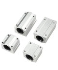 Four aluminum linear bearing blocks with round bearing bores for SCS16UU rail, CNC router/3D printer use.
