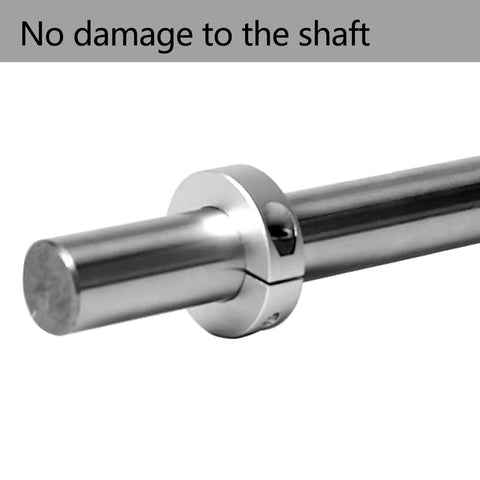 Pack Of 4 Aluminum Shaft Collars 6mm Bore, One Piece Clamp Style, 20mm Outer Diameter shown on steel shaft to illustrate no damage