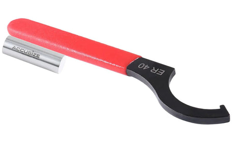 ER40 Collet Nut Wrench Pro Grade Adjustable Tool With Extended 8.267 Inch Handle, red ergonomic grip, side view.
