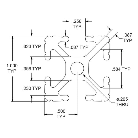 Technical diagram of 1 Inch By 1 Inch T Slotted Aluminum Extrusion 10 Series 6063 T6 Black Anodized 24 Inch Long For DIY Projects