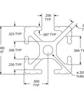 One Inch By One Inch T Slot Aluminum Extrusion Rail Bar Clear Anodized Sixty Inches Long technical drawing showing dimensions.