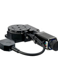 Motorized Rotation Stage With Indexing Disc And Lens Rotary Table, 360 Degree Turntable, Pro Grade Optics Mount, Durable 2A12 Aluminum, Black Anodized Finish, Easy Micropositioning For Lab And Workshop. Product in black, showing motor and cables, designed for precision optics.