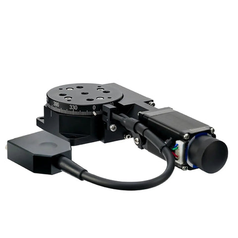 Motorized Rotation Stage With Indexing Disc And Lens Rotary Table, 360 Degree Turntable, Pro Grade Optics Mount, Durable 2A12 Aluminum, Black Anodized Finish, Easy Micropositioning For Lab And Workshop. Product in black, showing motor and cables, designed for precision optics.