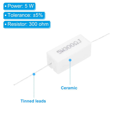 Beefy Five Pack 300 Ohm 5W Ceramic Cement Resistors for Power Adapters Audio Computers and TV Circuits Durable Cement Resistors with 5 Percent Tolerance Great for DIY Electronics and Circuit Boards, ceramic resistor with tinned leads