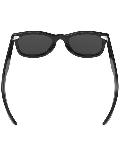 Back view of black Wayfarer sunglasses frame showcasing stainless steel hinges compatible with 2 Pairs Replacement Screws Kit
