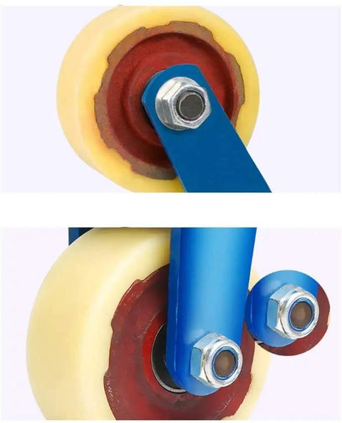 Close-up of Badass Heavy Duty Swivel Caster Wheels with nylon rollers and blue brackets, suitable for industrial carts.