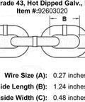Grade Forty Three Heavy Duty High Test Chain For Towing And Cargo Securement dimensions showing wire size and links.