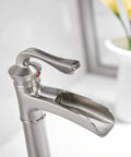 Vessel Sink Faucet With Waterfall Style In Brushed Nickel, Tall Farmhouse Style Bathroom Faucet, side view close-up