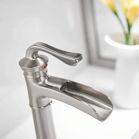 Vessel Sink Faucet With Waterfall Style In Brushed Nickel, Tall Farmhouse Style Bathroom Faucet, side view close-up