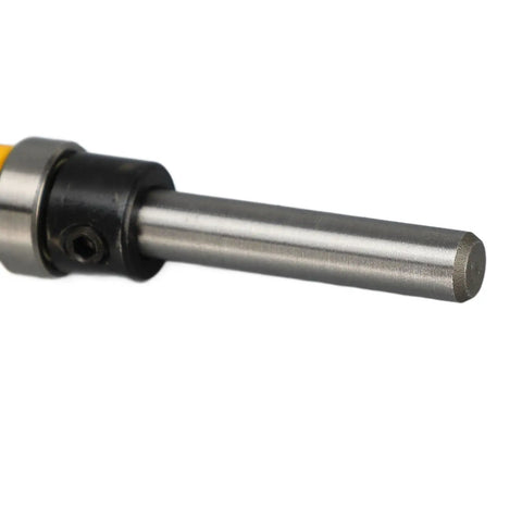 Close-up of the 1/4 inch shank from the Premium 4 Piece Flush Trim Router Bit Set With 1/2 Inch Carbide Cutting Edge.