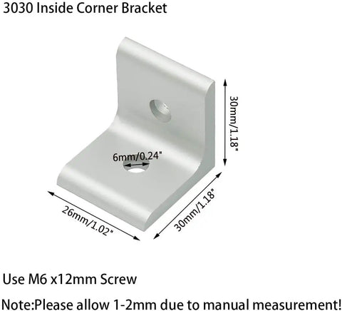Heavy Duty Inside Corner Brackets For 3030 Aluminum Extrusion Profiles 30x30x26mm With 6mm Slots Set Of 20 for DIY frames