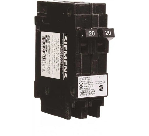 Q2020NC Two Single Pole 120 Volt Non Current Limiting Circuit Breaker 20 Amp Black For QT Style Plug In Panels Space Saving Design And Easy Install In Residential Load Centers. Siemens black 20 amp QT duplex plug-in circuit breaker, two single-pole