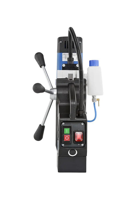 German Made Portable Magnetic Drill Press With Dual Speed Controls And A Beefy 9.5 Amp Motor That Smashes Through Heavy Steel Plate jobsite-ready control panel with switches and fluid tank.