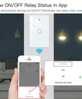 Touch Wall Smart Switch No Neutral Needed For Single Pole 110V 1 Gang 2.4GHz WiFi RF433 displayed with app control