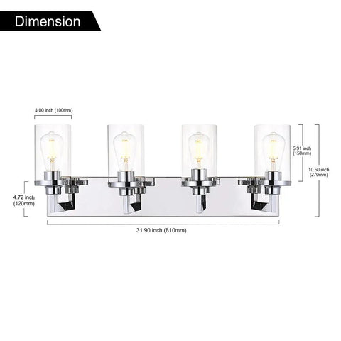 Dimensions of Sleek Chrome Finish Four Light Bathroom Vanity Light Fixture With Clear Glass Shades, Indoor Wall Sconce Lighting.