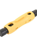 Yellow double-ended coax cable stripper for RG6 RG59 RG7 RG11, compact design for quick jacket removal, rotating cutter with preset depth