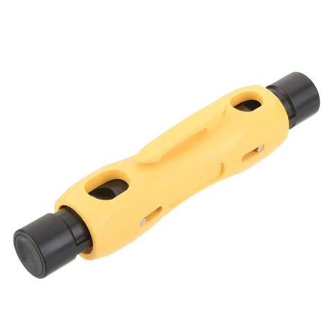 Yellow double-ended coax cable stripper for RG6 RG59 RG7 RG11, compact design for quick jacket removal, rotating cutter with preset depth