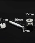 50 Piece Built Tough Cam Lock Fittings And Furniture Connector Hardware Kit With Rust Resistant Cam Screws And Eccentric Wheel Nuts; detail of fittings with dimensions.
