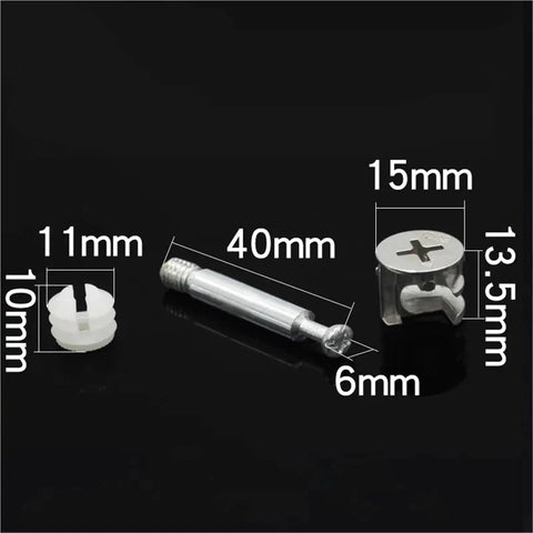 50 Piece Built Tough Cam Lock Fittings And Furniture Connector Hardware Kit With Rust Resistant Cam Screws And Eccentric Wheel Nuts; detail of fittings with dimensions.