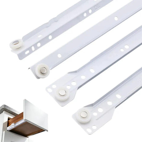 Top Shelf Ten Inch Drawer Slides Set Of Two Bottom Mount Rails With Slick Rolling Nylon Wheels for easy installation.