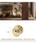 Colonial Door Knob in Polished Brass Finish, Dummy Function, 1 Pack, showing dimensions and side view