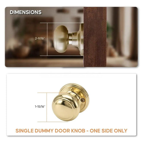 Colonial Door Knob in Polished Brass Finish, Dummy Function, 1 Pack, showing dimensions and side view