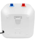 Hella Compact 2.1 Gallon Electric Mini Tank Water Heater With Instant Kickin Hot Flow For Under Sink Kitchen Bathroom RV Use Featuring Durable Stainless Steel Build Zero Hassle Wall Mount Install rear view with blue and red temperature knobs.