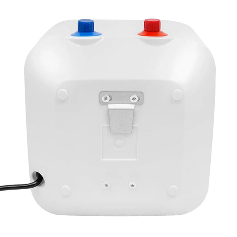 Hella Compact 2.1 Gallon Electric Mini Tank Water Heater With Instant Kickin Hot Flow For Under Sink Kitchen Bathroom RV Use Featuring Durable Stainless Steel Build Zero Hassle Wall Mount Install rear view with blue and red temperature knobs.
